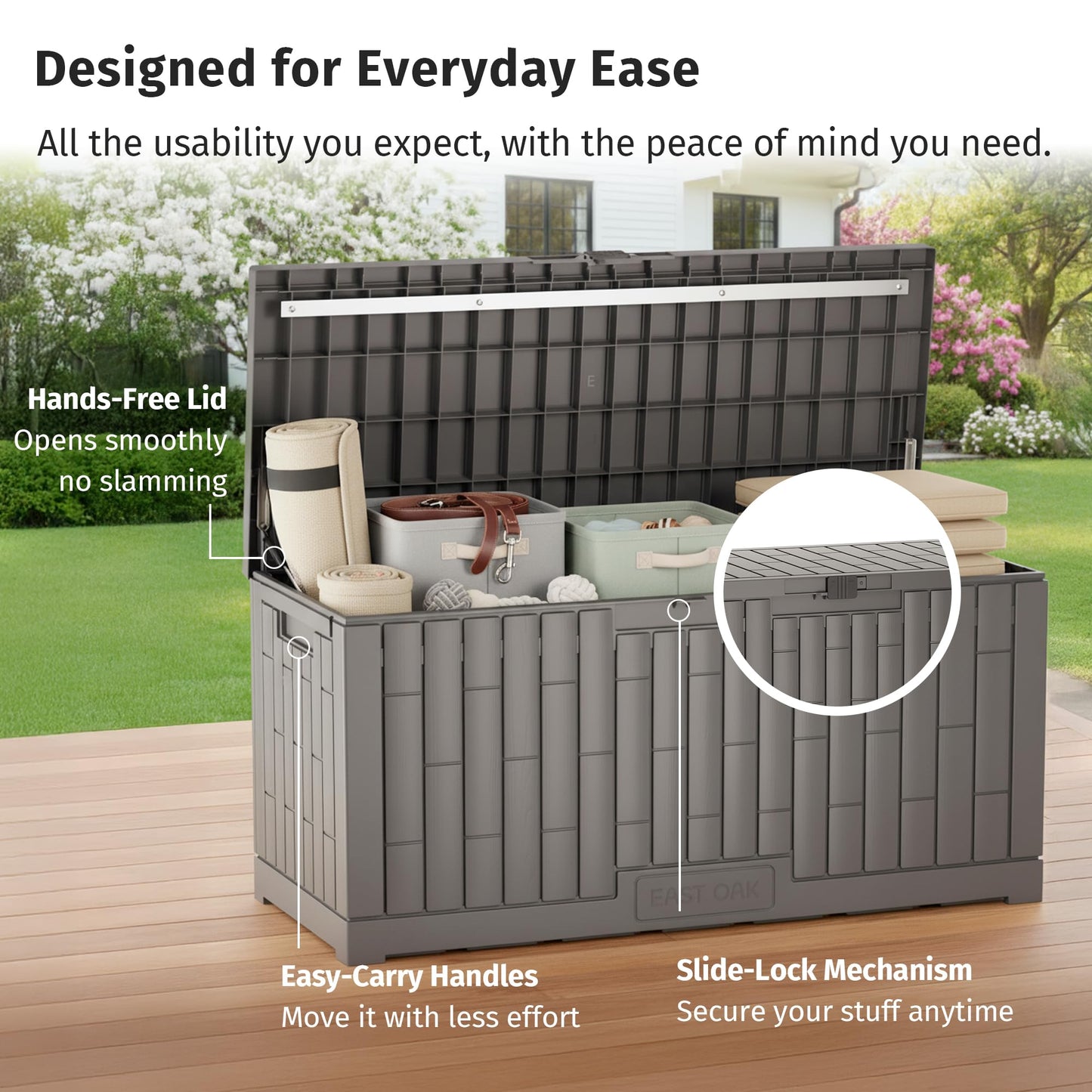 EAST OAK 120 Gallon Outdoor Storage Box | Large Resin Deck Box with Reinforced Stainless Steel Support | Waterproof & UV-Resistant Patio Storage Box for Cushions, Garden Tools & Pool Accessories, Grey