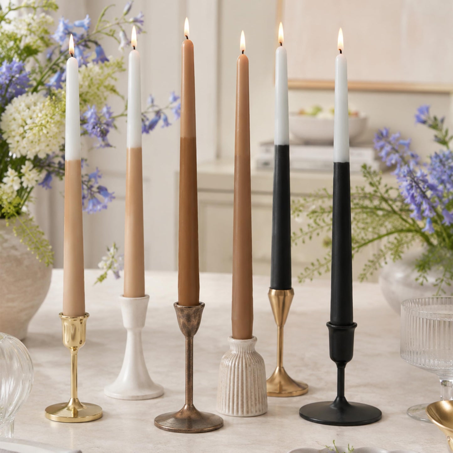 10 Inch Taper Candles Set of 6, Bluebell Scent Handmade Brown Beige Black Color Block Tapered Candles, Candle Stick Dinner Candles for Wedding Candlesticks