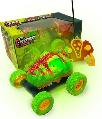 Hyper Drive RC Dinosaur Stunt Car - 360 Rolling Twister Light-Up Action Durable Remote-Control Toy for Boys and Girls Full-Function with Hand Controller Green
