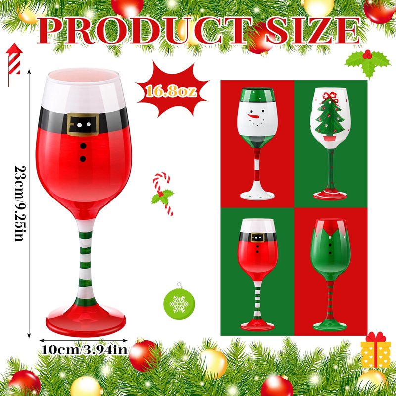 CPEGHDVM 4 Pcs Christmas Wine Glasses 16.8 Oz Set Santa Belt Snowman Drinking Goblets Cups Xmas Hand Painted Wine Cup Glass for Home Bar Diner Birthday Wedding Christmas Party Favors