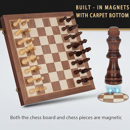 Magnetic Wooden Chess Set 15 Folding Chess Board with 2 Extra Queens Portable Travel Chess Set with Pieces Storage Slots Beginner Chess Board Game for Adults &amp Kids