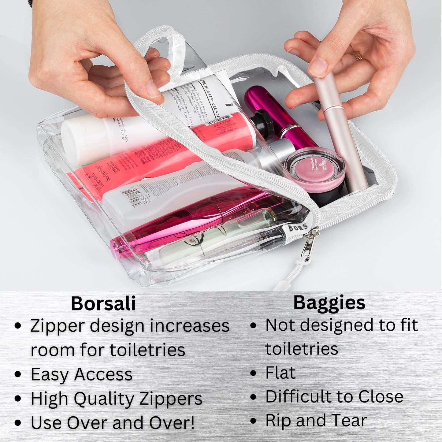 BORSALI TSA-Approved Quart-Sized Bag for Carry-On Travel - One (1) Quart Clear Toiletries, Cosmetic and 3-1-1 Liquids Toiletry Bag - White
