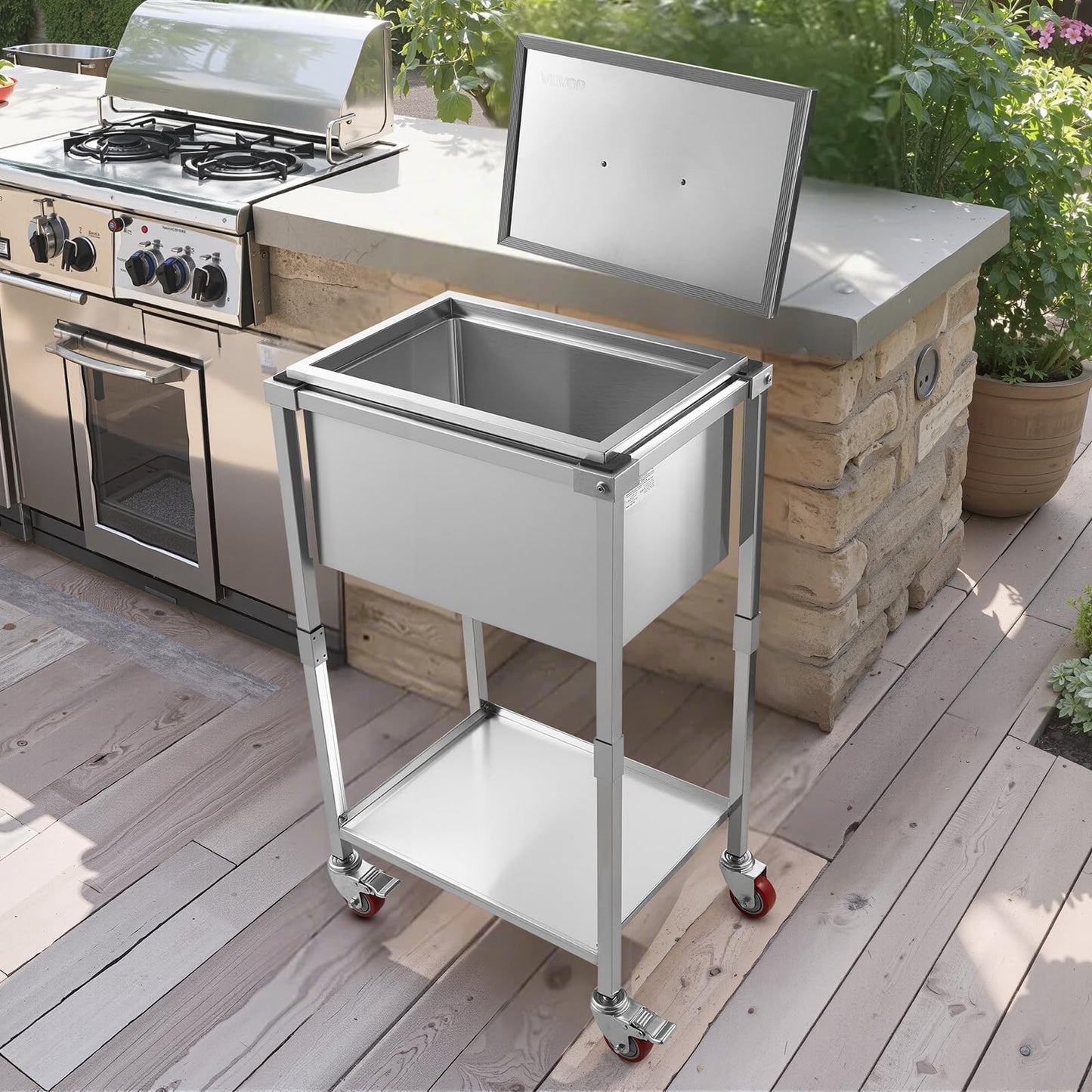 VEVOR Rolling Ice Chest Cooler Cart, Stainless Steel Cooling Bin on Wheels, 32.8 Quart Outdoor Stand Up Cooler Trolley with Shelf, for Patio Backyard Party Bar Cold Drinks(22" L x 16" W x 38" H)