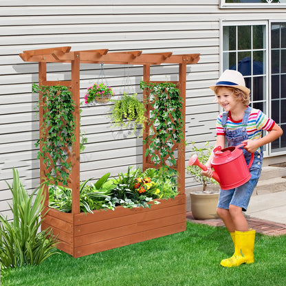 VINGLI 45 in Raised Garden Bed with Trellis & Hanging Roof, Wooden Elevated Planter Box with Drainage Holes for Outdoor Climbing Plants Vegetables Flowers, Patio Yard Balcony