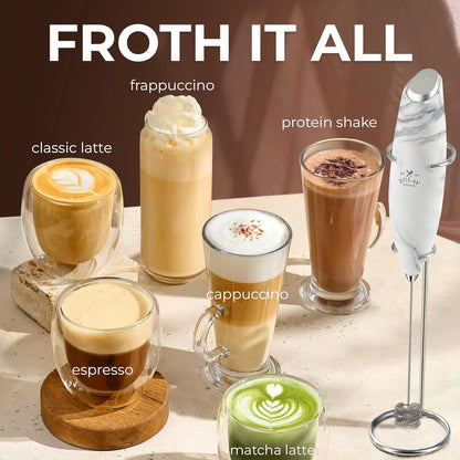 Zulay Kitchen Tornado Triple Whisk Milk Frother - Handheld Foam Maker for Coffee & Lattes | Includes 4 Duracell Batteries - Marble Finish