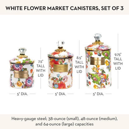 MACKENZIE-CHILDS Enamel Canisters, Versatile Kitchen Storage Containers, Small (38 oz.), Medium (48 oz.), and Large (64 oz.), Set of 3, White Flower Market