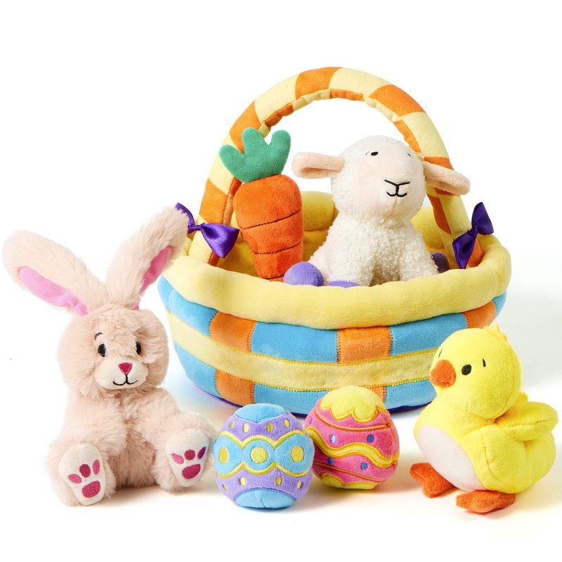 JOYIN 7 PCS Easter Basket Plush Playset Stuffers with Lamb Bunny Chick Carrot Egg Toys, Easter Party Favors Decorations Gifts Supplies for Baby Girls Boys Toddler Kids of All Ages