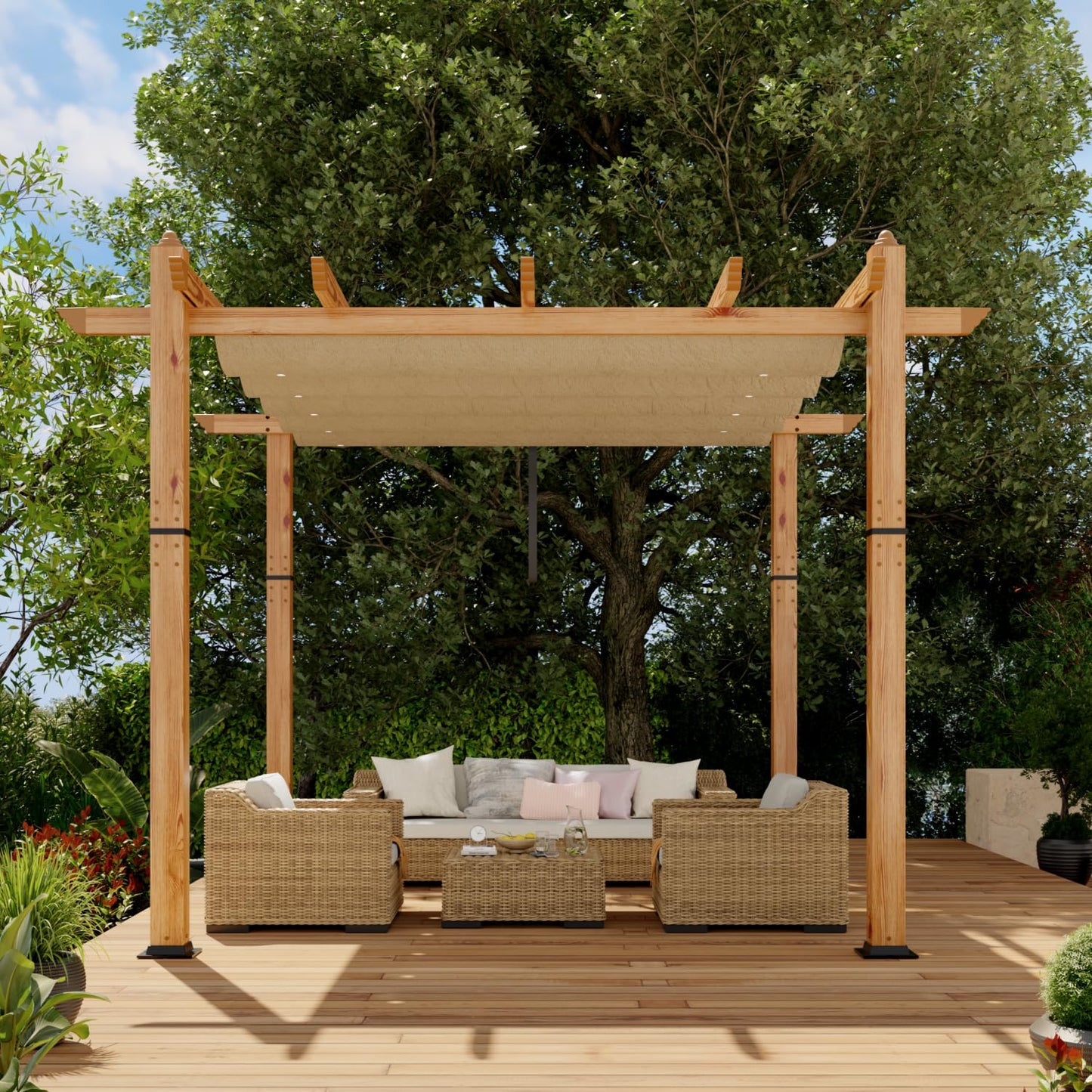 GAOMON Retractable Pergola 10' x 10' Aluminum Outdoor Pergola with Retractable Canopy Faux Wood Metal Pergolas for Patios, Backyard, Deck, Patio, Garden Porch Beach Pavilion Grape Trellis, Khaki