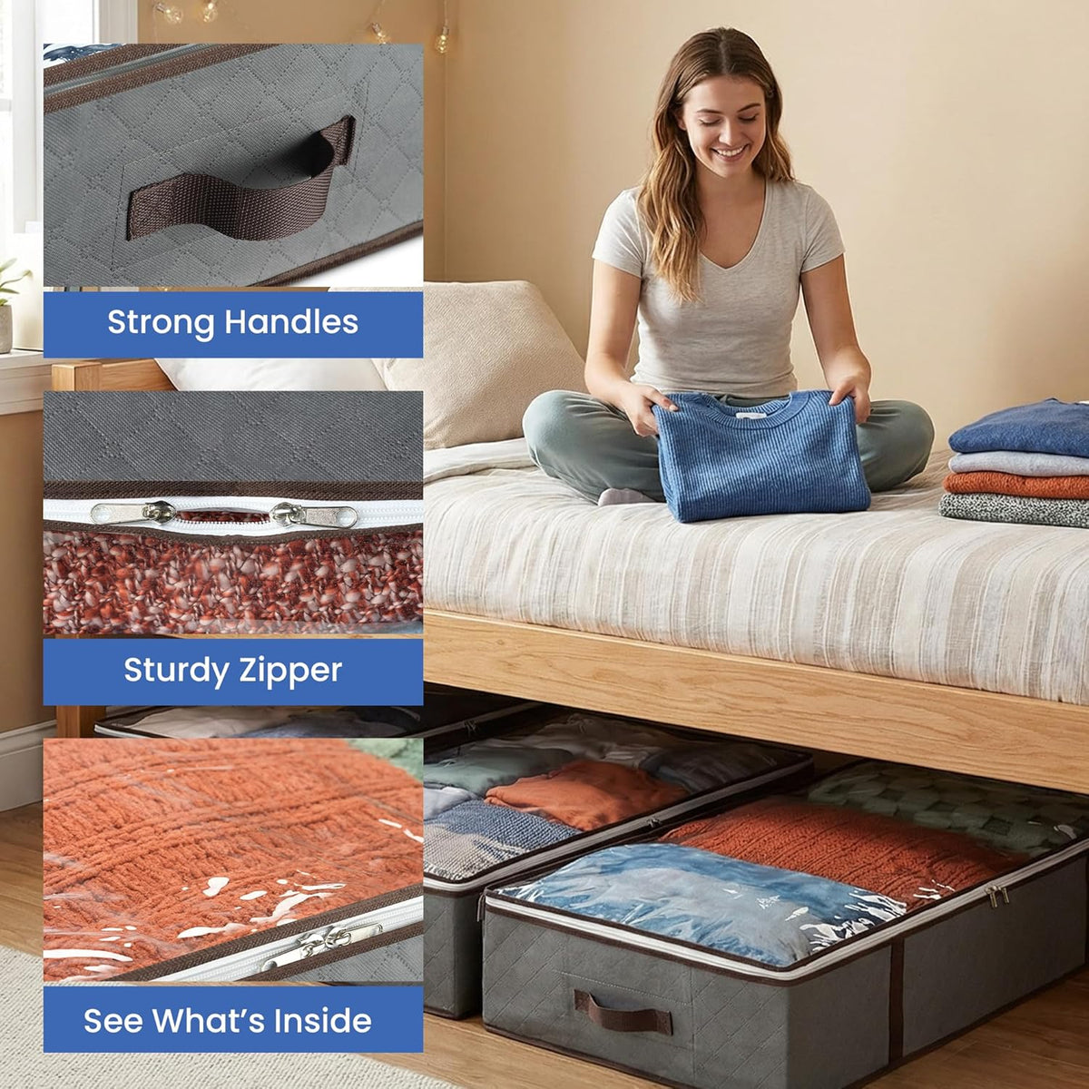 Underbed Storage Bags 4-Pack | Foldable Organizer for Clothes, Blankets & More - Ideal for Dorms (Grey)