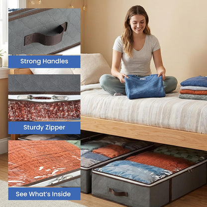 Underbed Storage Bags 4-Pack | Foldable Organizer for Clothes, Blankets & More - Ideal for Dorms (Grey)