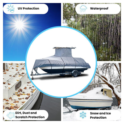 EliteShield Heavy Duty T-Top Boat Cover - Fits 30ft to 32ft Long Center Console Boats, Waterproof & Fade Resistant, Gray (Size 7: 30'-32' Long, Beam 140" W)