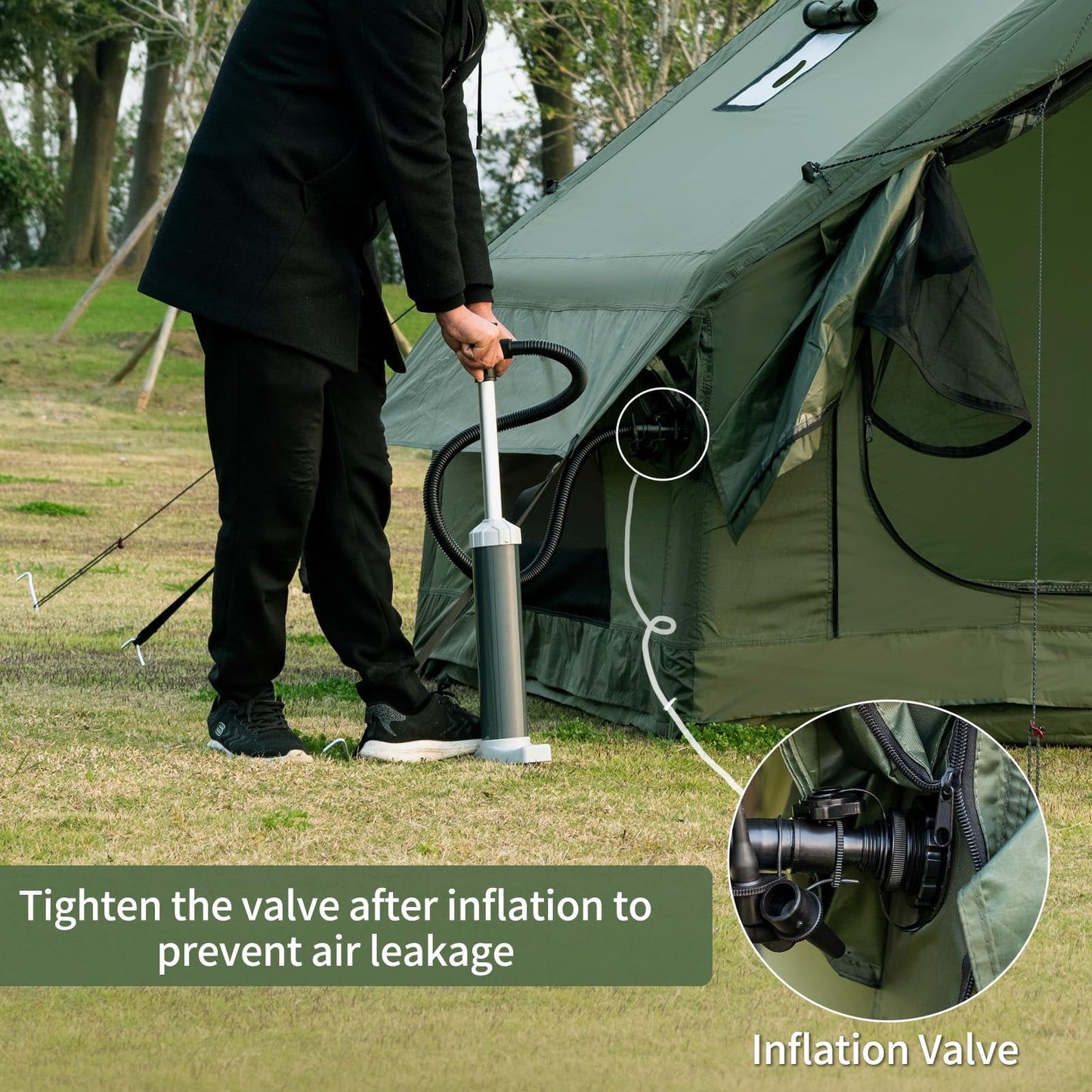 WaldZimmer 6sq Green Inflatable Camping Tent with Hand Pump Easy Setup Waterproof Windproof Outdoor Blow up Tent 3-4 Person Oxford 4 Season Glamping Air Tents Cabin House with Mesh Windows & Door