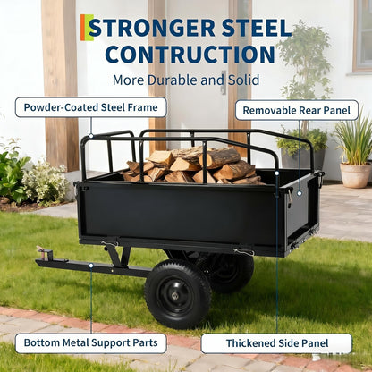GarveeLife Lawn Mower Trailer ATV Dump Cart Tow Behind, 750 Lb Utility Garden Cart, 15 Cu.Ft, Heavy Duty Steel Garden Utility Trailer with Removable Sides for Atvs, Utvs Lawn Garden Tractors