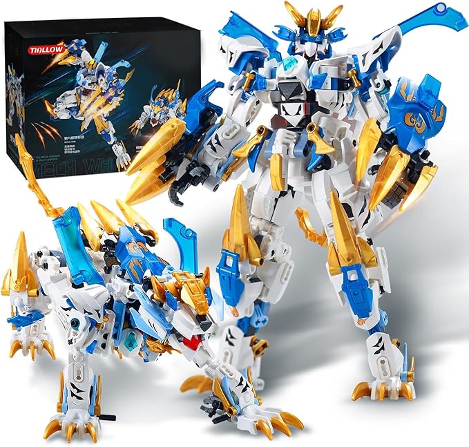 White Tiger 2 in 1 Mech Building SetsTransform Robot Building Blocks Kits for Adults Transforming Mecha Building Kits Action Figure ToysBirthday Gifts for Boys Ages 8 10 12 14 (White Tiger)