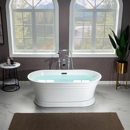 WOODBRIDGE 59"Freestanding White Acylic Soaking Bathtub with Oil Rubbed Bronze Drain and Overflow,B1536-ORB
