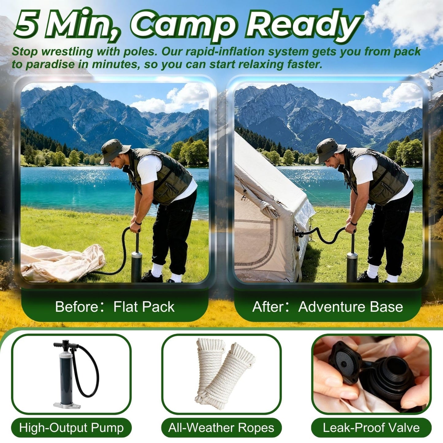 AirOutelle 4-6 Person Inflatable Air Tent - 4 Season Family Camping Tent with 3000mm Waterproof & Quick Setup Under 5 Mins, Includes Manual Pump, Storage Bag & Stakes