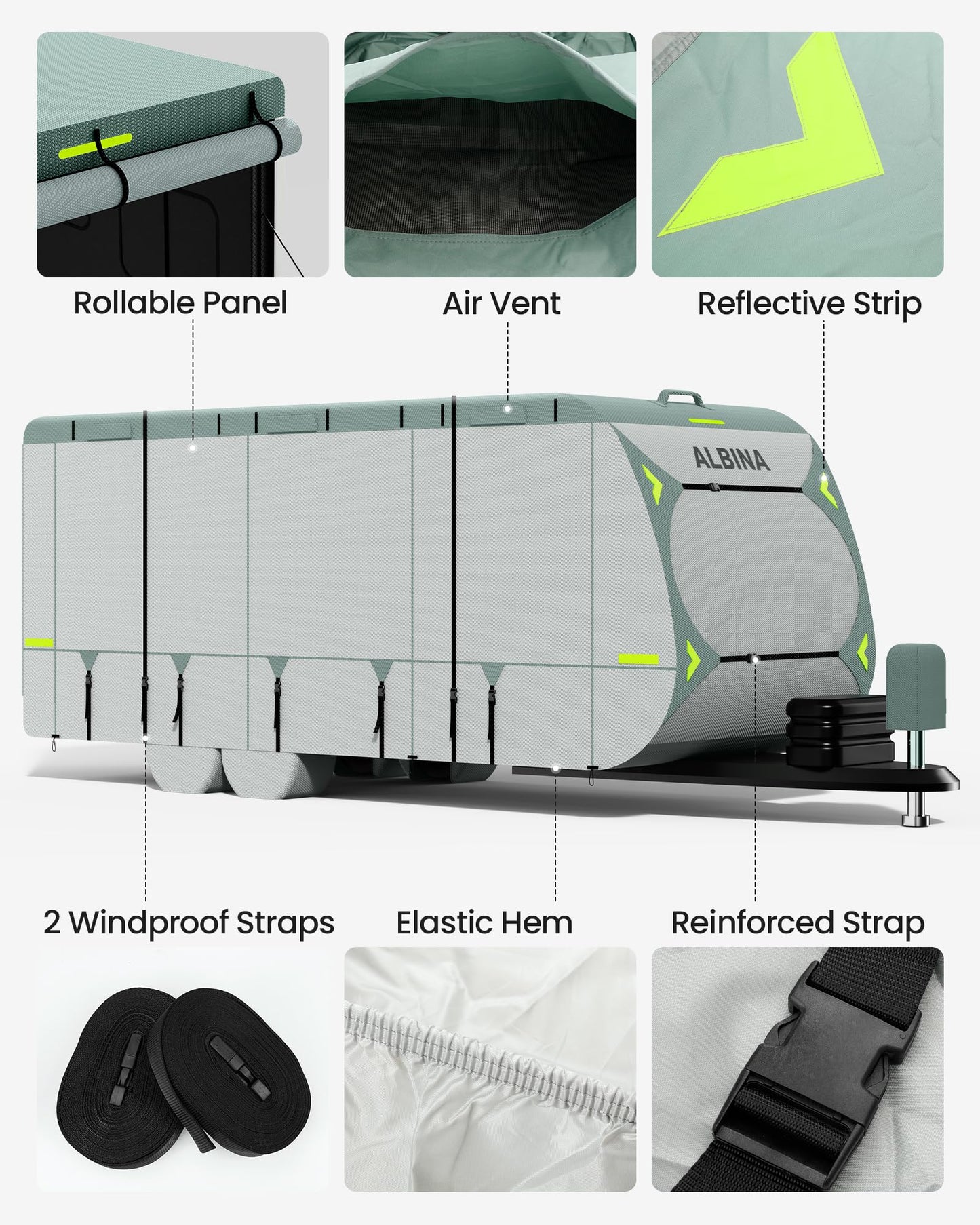 ALBINA 300D Oxford Travel Trailer RV Cover, 22-24" Waterproof Tearproof Windproof Camper for Winter Snow With Zipper Door, Jack Cover, 4 Tire Covers and Wind Protector Straps