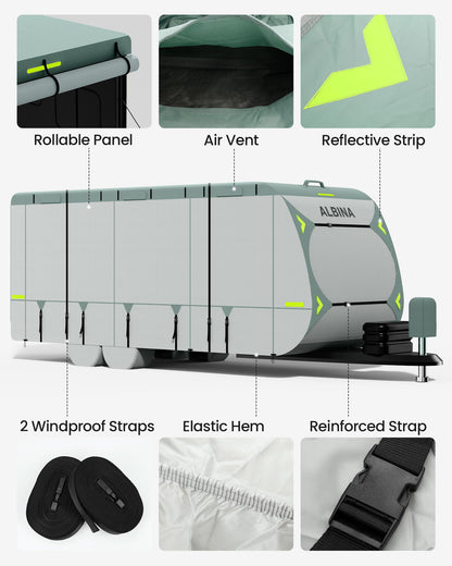 ALBINA 300D Oxford Travel Trailer RV Cover, 22-24" Waterproof Tearproof Windproof Camper for Winter Snow With Zipper Door, Jack Cover, 4 Tire Covers and Wind Protector Straps