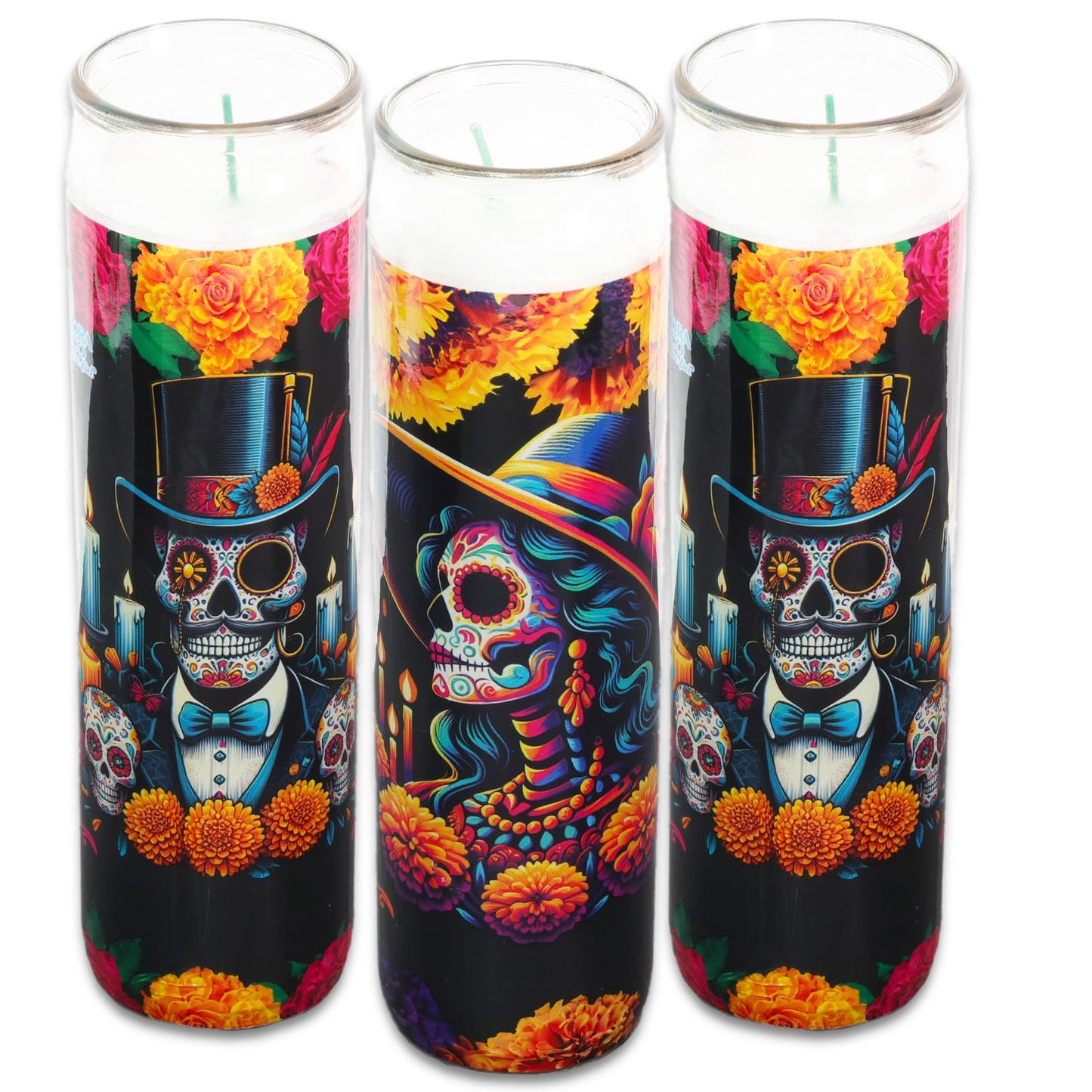 Dia de Los Muertos Religious Devotional Candles - 3 Pack of 8 Calaveras Sugar Skull Candles for Ofrendas, Vigils, Prayers, Blessing Ceremonies, More