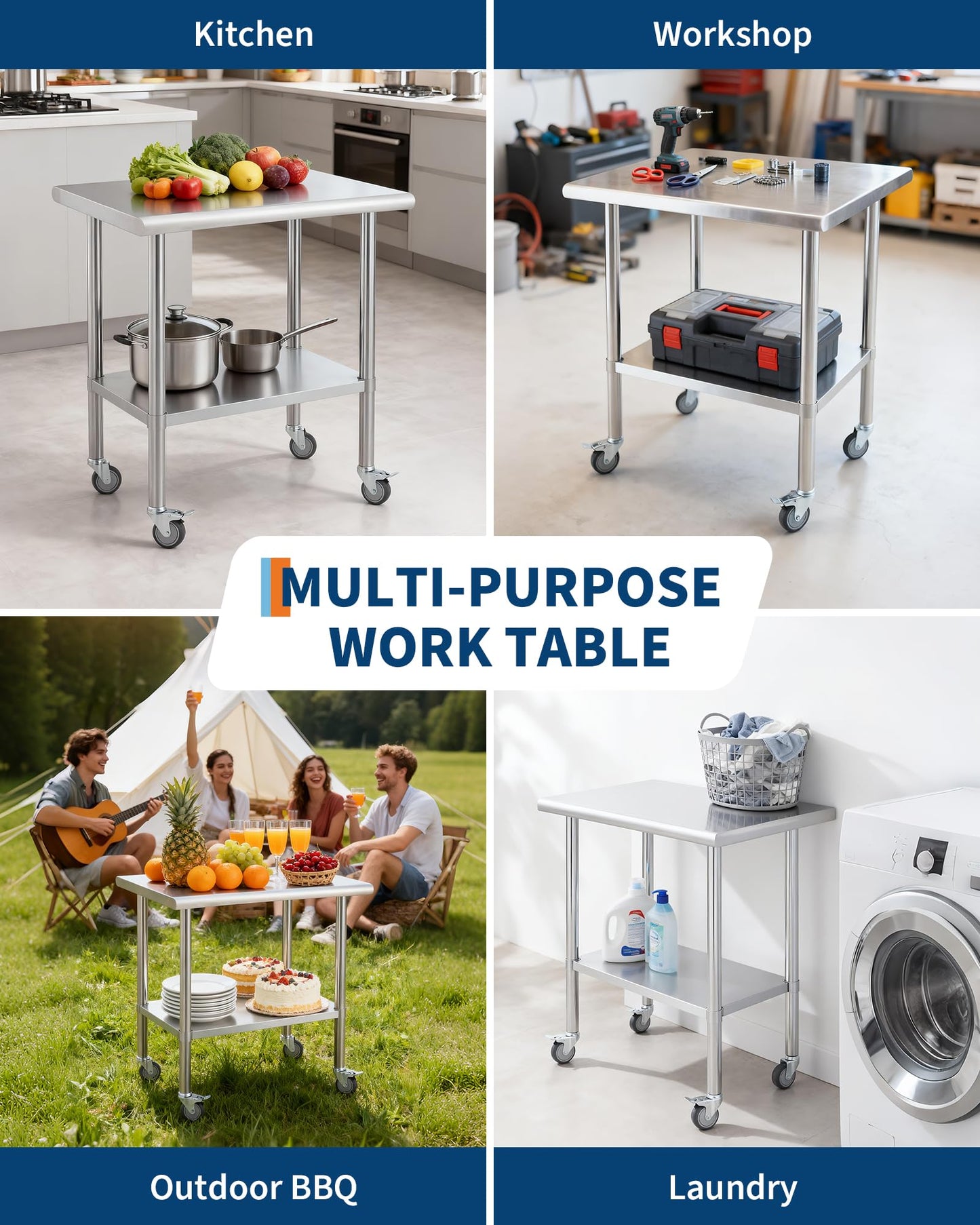 Garvee Stainless Steel Prep Table 24x30 Inch, Commercial Kitchen Worktable with 4 Caster Wheels and Adjustable Undershelf, Heavy Duty Metal Food Prep Table for Restaurant Garage Outdoor Works