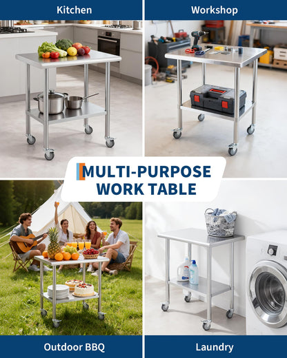 Garvee Stainless Steel Prep Table 24x30 Inch, Commercial Kitchen Worktable with 4 Caster Wheels and Adjustable Undershelf, Heavy Duty Metal Food Prep Table for Restaurant Garage Outdoor Works