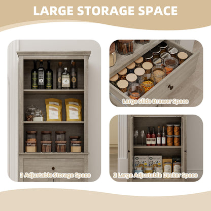 Garvee Kitchen Pantry Cabinet, Pantry with Adjustable Shelves, Farmhouse Cabinet for Living Room, Bathroom, Grey