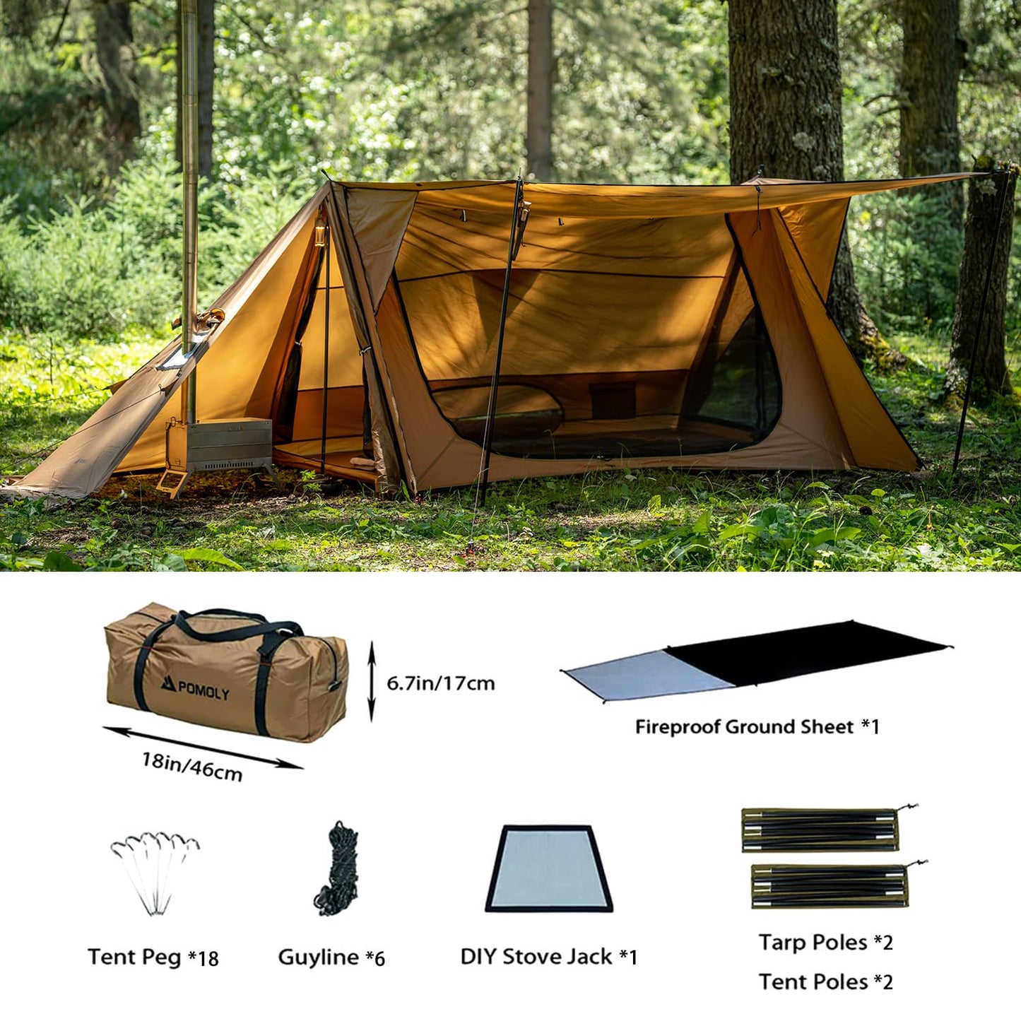 POMOLY Camping Hot Tent Bushcraft Tents, STOVEHUT 70 3.0 Shelter with 2 Tarp Poles and 2 Tent Poles for 1-2 Person Hiking, Backpacking (with a Fireproof Ground Sheet)