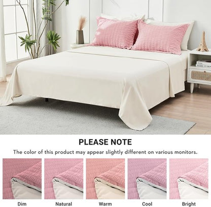 HYMOKEGE Twin XL Comforter Set - 5-Piece Seersucker Luxury Bedding in Pink/Ivory for All Seasons