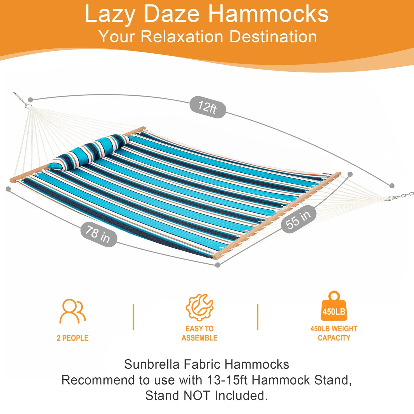 Lazy Daze Hammocks 12 FT Sunbrella Fabric Hammock Non-Fading with Spreader Bars and Free Pillow Fits for 2 Persons, All Weather and Fade Resistant for Patio Yard, 450 lbs Capacity, Token Surfside