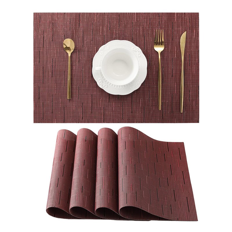 Leetaltree Burgundy Placemats Set of 4 - Heat Resistant Non-Slip Place mats for Dining Table, Washable Durable PVC Vinyl Woven Table Mats（Burgundy, 4）
