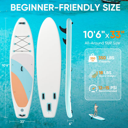 Inflatable Stand Up Paddle Board 10'6" x 33" x 6", 350 LBS Capacity Beginner-Friendly SUP Board with Paddle, Pump, Backpack, Leash, Waterproof Phone Bag and 3 Fins for Lake, Ocean or River Fun, Blue