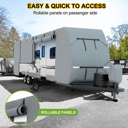 DenForste RV Cover 33-35ft, Travel Trailer Heavy Duty Extra-Thick 8 Layers Anti-UV Waterproof Windproof Camper Cover with Tongue Jack Cover, Extra Windproof Ropes, Gutter Covers