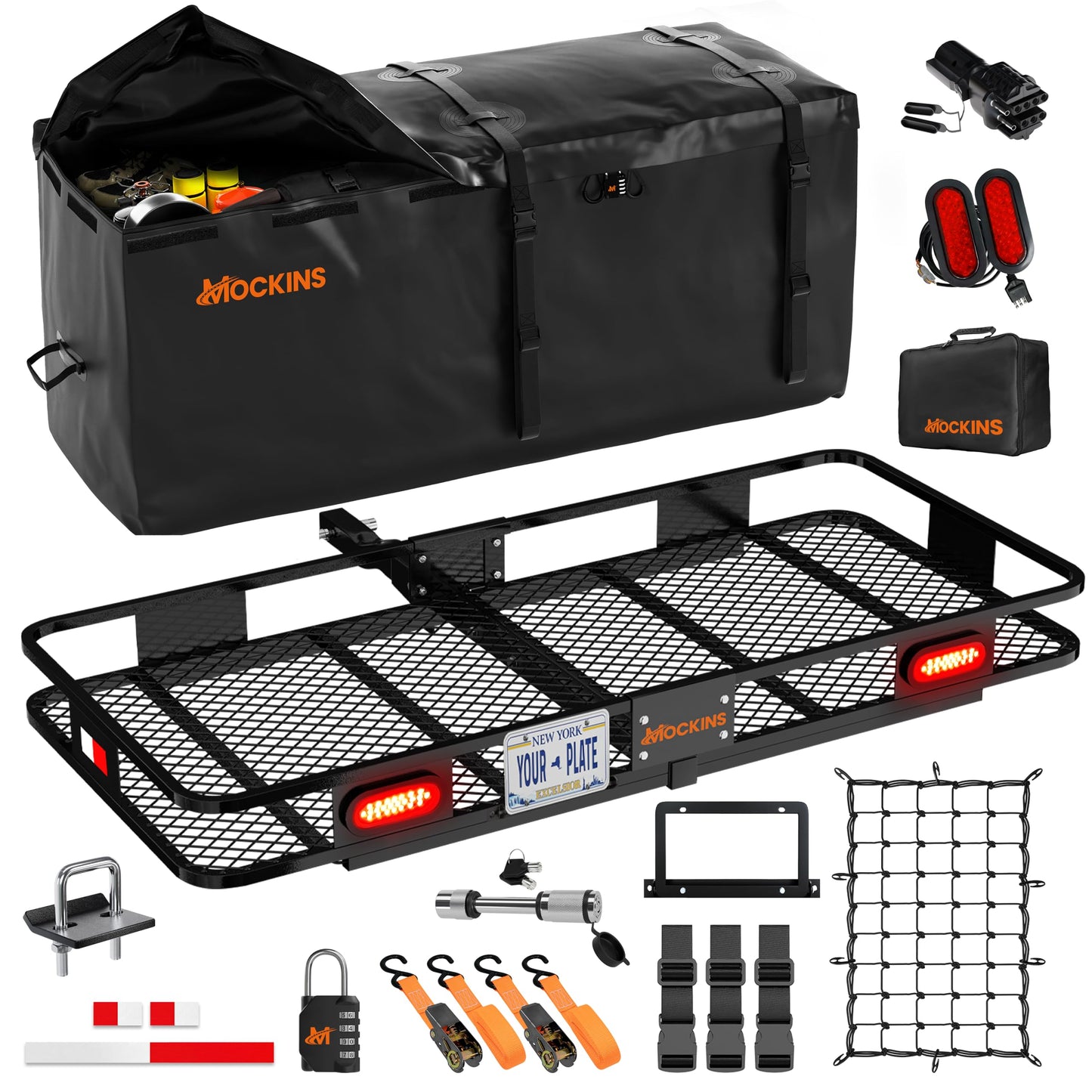 Mockins 60"x20"x6" Heavy-Duty Trailer Hitch Cargo Carrier w/ 20 CuFt Waterproof Cargo Bag | 500 Lb Cap All-Weather Folding Luggage Rack for SUV Car & Truck w/Rear Lights, License Plate Holder & More