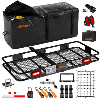 Mockins 60"x20"x6" Heavy-Duty Trailer Hitch Cargo Carrier w/ 20 CuFt Waterproof Cargo Bag | 500 Lb Cap All-Weather Folding Luggage Rack for SUV Car & Truck w/Rear Lights, License Plate Holder & More