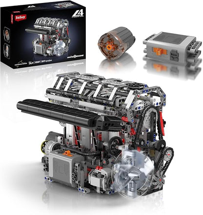Sosuy Inline-4 (L4) Motorized Building Block Engine Model Kit – Electric Drive Realistic Working Replica STEM Engineering Educational Toy Gift for Kids &amp Adults
