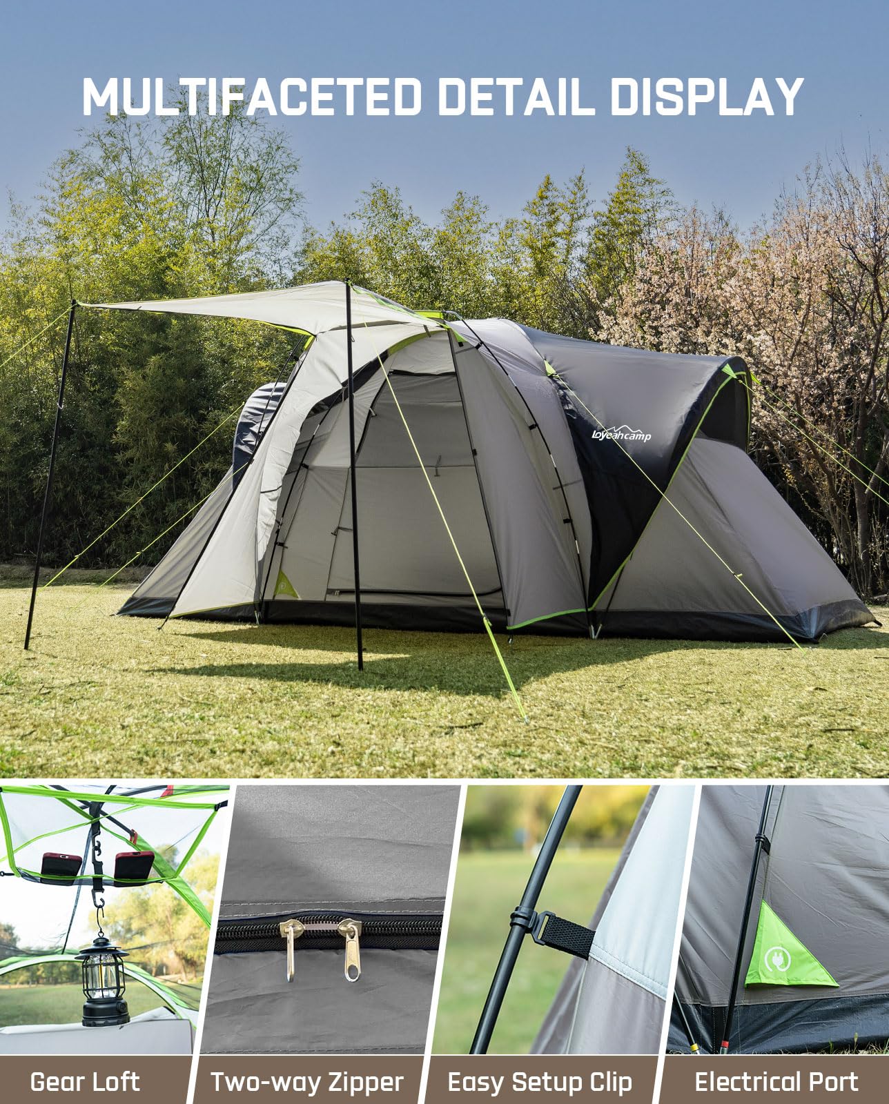 LOYEAHCAMP 8 Person Larger Extended Dome Camping Tent with 3 Rooms, Waterproof Semi-Freestanding Family Outdoor Tent with Porch and Spacious Interior