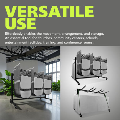 Pearington Folding Chair Rack, 400 lb Capacity, Holds Up to 42 Chairs or 12 Tables, Large Wheeled Storage Cart for Events, Schools, Churches, Matte Black