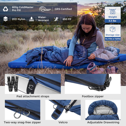 ATEPA 3-in-1 Hybrid Down Sleeping Bag, 650FP Ultralight Backpacking Sleeping Bag for Big and Tall, XL Wide 3-Season Sleeping Bag with Pad Attachment Straps & Detachable Hood for Hiking, 30°F Limit