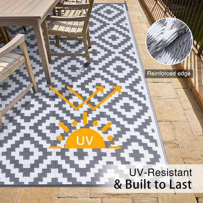 OLANLY Waterproof Outdoor Rug 10x14 ft, Outdoor Plastic Straw Rug for Camping, RV Mat Outside, Outdoor Carpet for Porch, Deck, Backyard, Balcony, Picnic, Grey & White