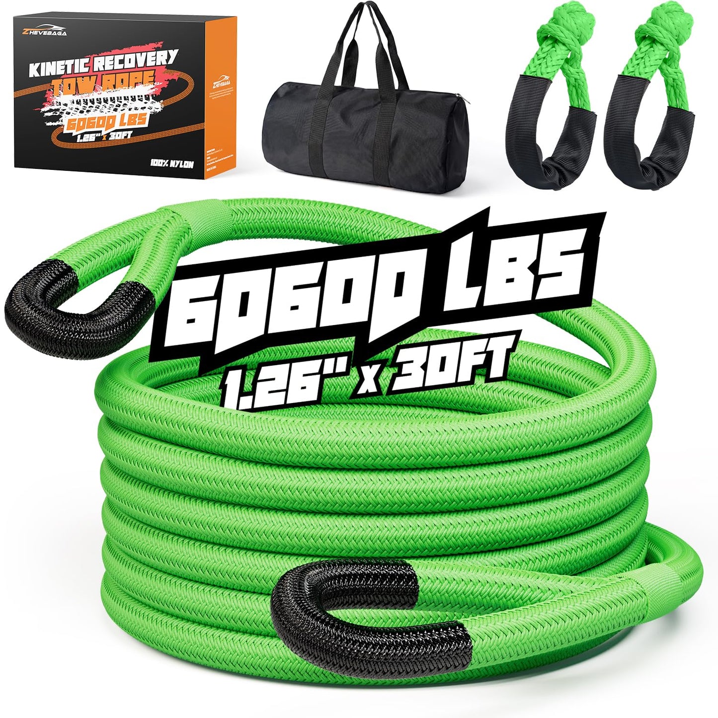 Kinetic Recovery Rope,1.26" x30ft Heavy Duty Offroad Tow Rope/60600 lbs Snatch Strap with Soft Shackles, 100% Nylon Offroad Towing Straps Kit for Truck ATV UTV SUV Jeep Car Tractor - Green