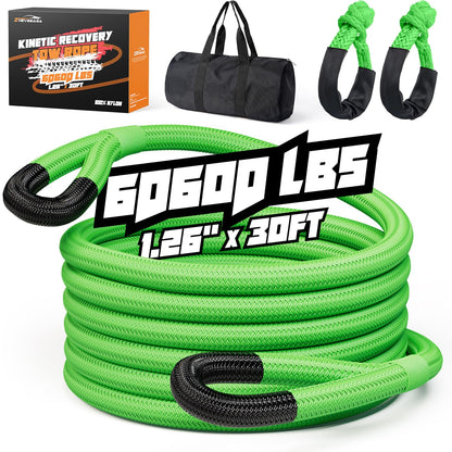 Kinetic Recovery Rope,1.26" x30ft Heavy Duty Offroad Tow Rope/60600 lbs Snatch Strap with Soft Shackles, 100% Nylon Offroad Towing Straps Kit for Truck ATV UTV SUV Jeep Car Tractor - Green