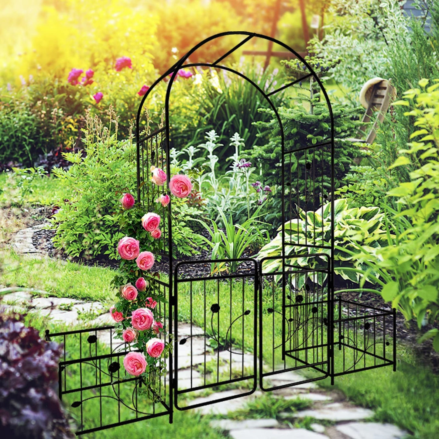 Jintop Metal Outdoor Garden Arch Iron Arbors Gazebo with 2 Plant Stands,High Birdcage Shape Pergola Pavilion,W/Ouble Gate Design,for Ivy Vines,Rose,Morning Glory,Black,79.5"x86.6"