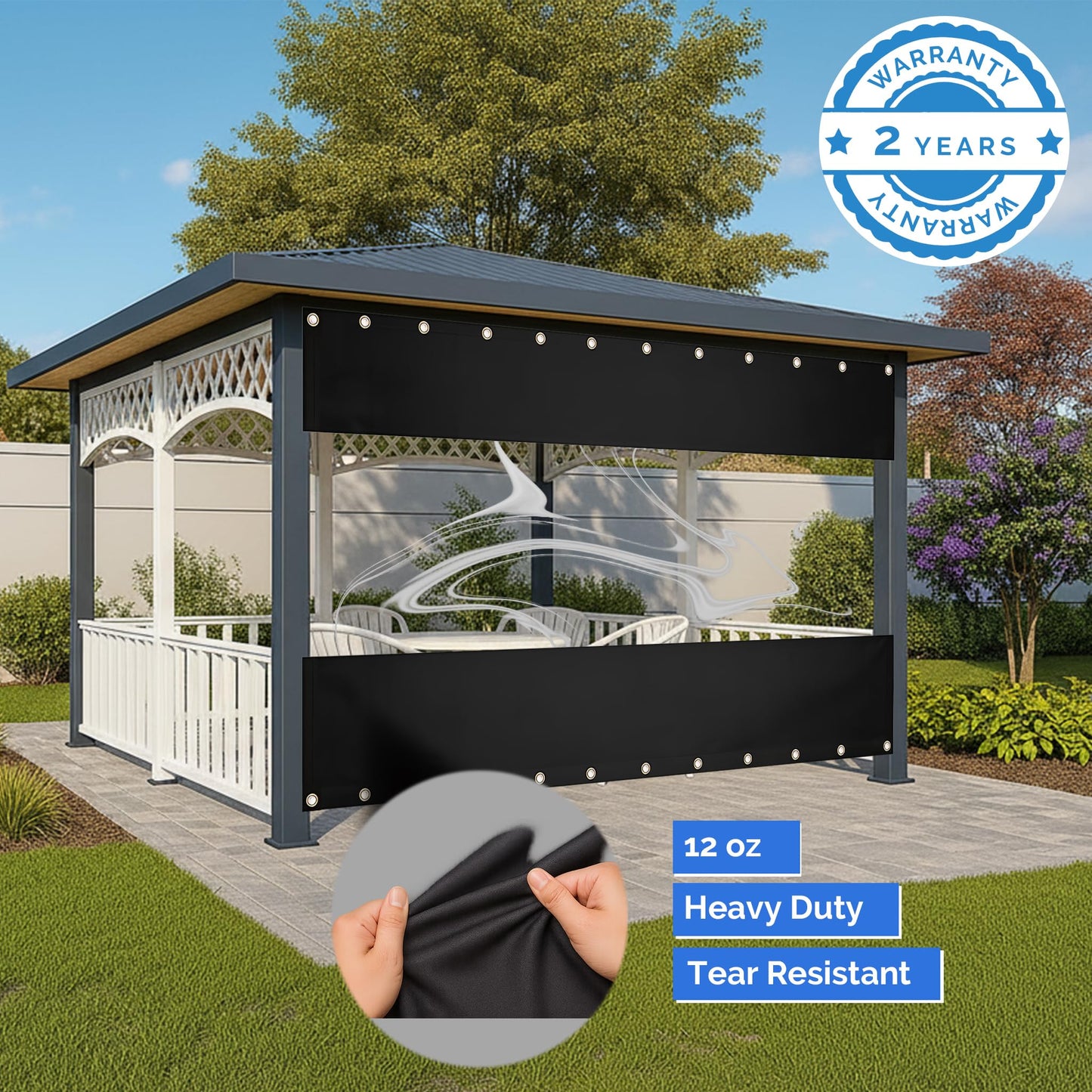 Covers & All Outdoor Clear Panel Curtain, 12 oz Vinyl Outdor Curtains for Patio, Waterproof & Weather Resistant Tarp with Brass Grommets for Pergola, Porch, Gazebos, Balcony (8'H x 10'W Feet, Black)
