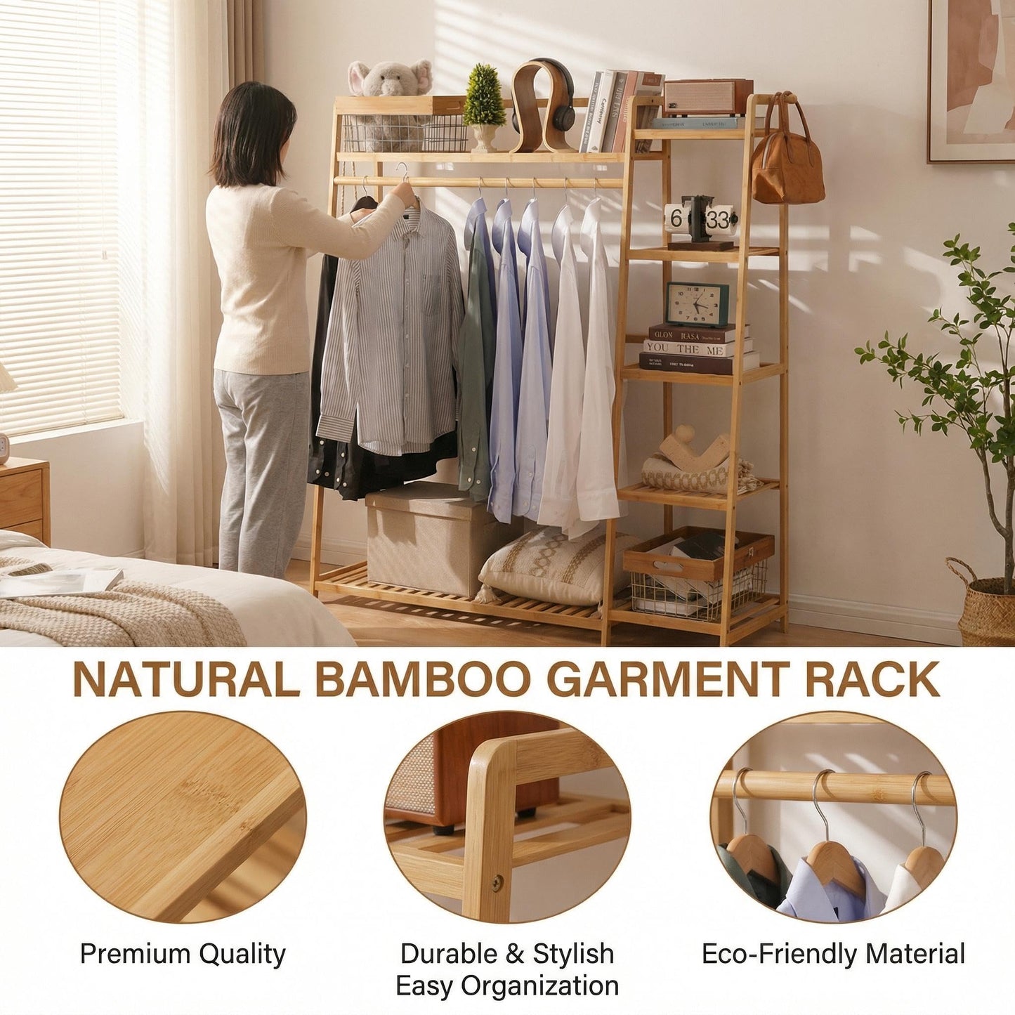 Baveke Bamboo Clothing Garment Rack Frame Made of FSC-Certified Bamboo, 7 Tier Storage Shelf Coat Clothes Hanging Rack, Portable Wardrobe Closet Organizer, Shoe Storage Shelves for Bedroom, Natural