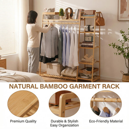 Baveke Bamboo Clothing Garment Rack Frame Made of FSC-Certified Bamboo, 7 Tier Storage Shelf Coat Clothes Hanging Rack, Portable Wardrobe Closet Organizer, Shoe Storage Shelves for Bedroom, Natural