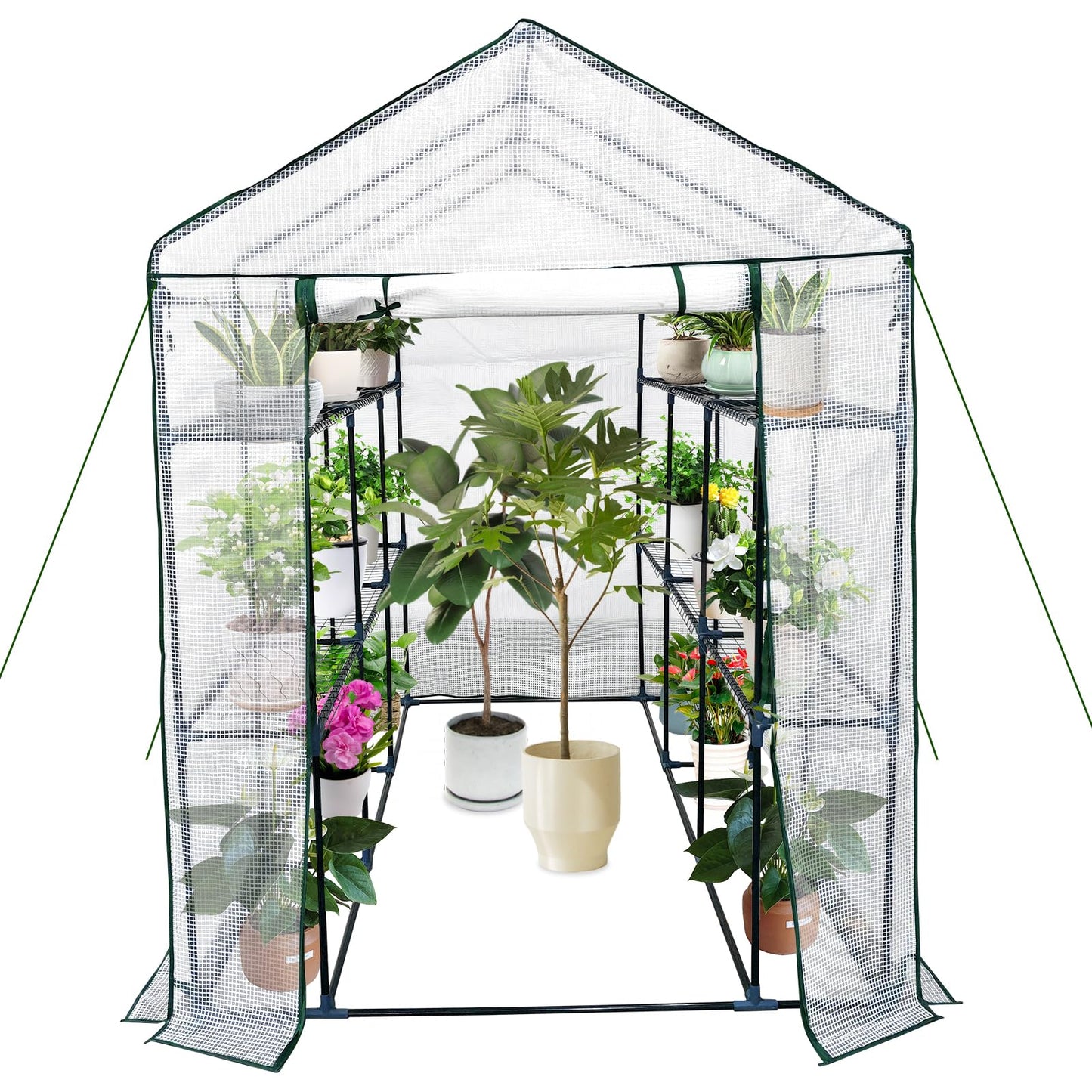 Walk in Greenhouse for Outdoors - All Season Plant House with 6 Shelves, Mesh Windows, Waterproof Cover, Roll-Up Zippered Door, 3 Tier Garden Hot House for Seedling Flowers Growing for Patio, Backyard