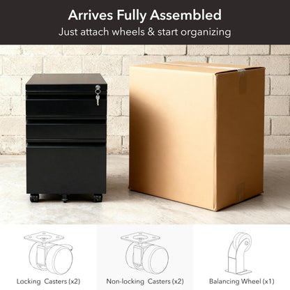 Mount-It! 3 Drawer File Cabinet with Lock and Wheels, Heavy-Duty Steel Rolling Drawer Cabinet, Fully Assembled Under Desk Filing Cabinet for Home Office Storage, 15.3" W x 19.75" D x 24.5" H, Black