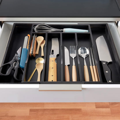Bamboo Expandable Kitchen Drawer Organizer - Adjustable Cutlery Tray for Utensils & Flatware | Black