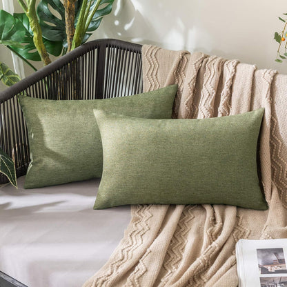 MIULEE Decorative Outdoor Throw Pillow Covers - Waterproof Faux Linen Cushion Cases | 20x12 Inch Dark Green (Pack of 2)