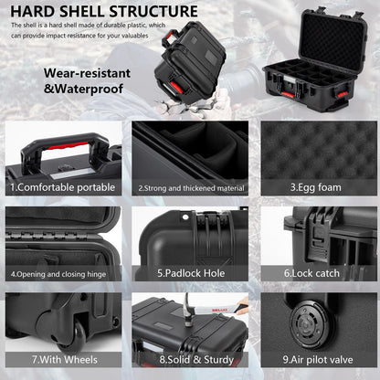 Relaxweex Black Waterproof Rolling Camera Hard Case 22x14x9 Inch, Impact-resistant Travel Case with Padded Dividers & Wheels for Cameras, Lenses & Accessories